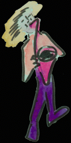 A cartoon-style person playing the tenor saxophone