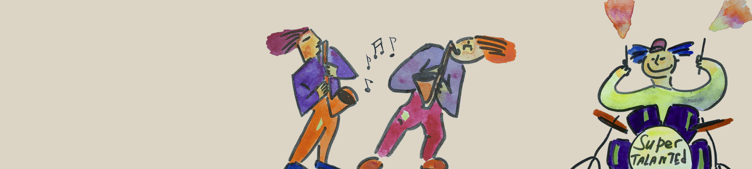 A cartoon-style band featuring two tenor saxophonists and a guitarist